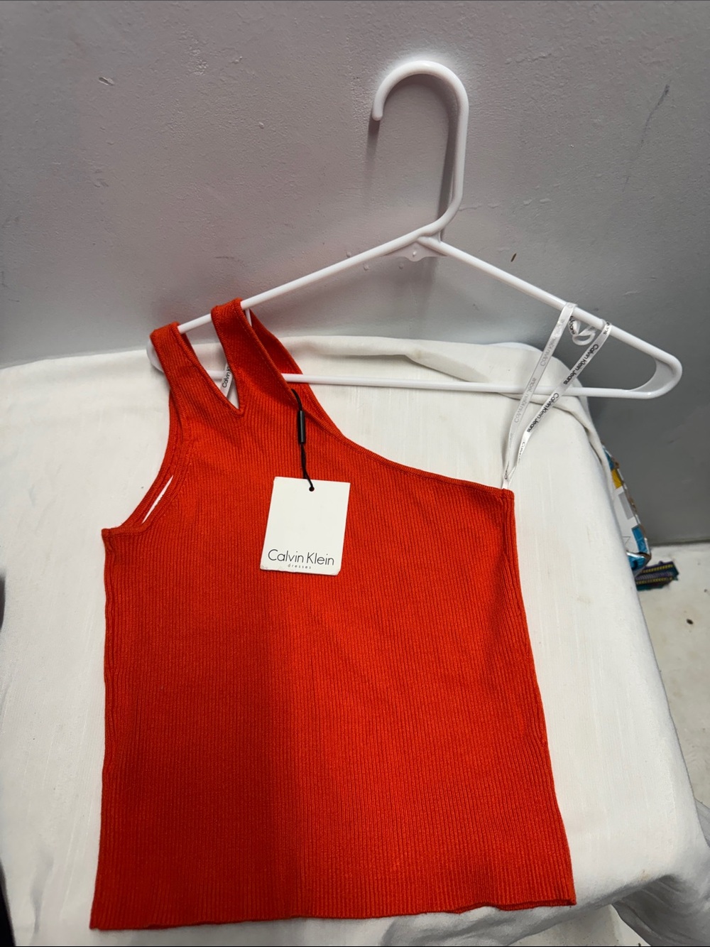 Calvin Klein Bright Orange Ribbed One-Shoulder Tank